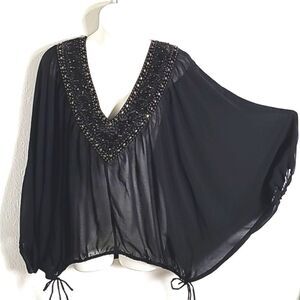 5/48 Sheer Black Kimono Sleeve Top, Rhinestone V-neck, Ties on the Sides, Large